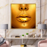 " Gold Paint Drips From Sexy Woman Lips "