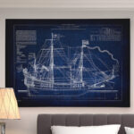 " Vintage Sailing Ship Blue Sketch "