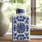 8'' Rectangular Porcelain Jar with Blue and White Floral Design, Traditional Home Accent for Tabletop, Desk, Mantel, Storage, or Centerpiece Display