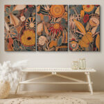 Abstract Botanical " Bold Bohemian Flower Artwork Above Sofa, Vintage Orange Brown Master Bedroom Wall Pictures, 3 Pieces Giclée Canvas Digital Print Framed Wall Art " - Image 6