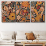 Abstract Botanical " Bold Bohemian Flower Artwork Above Sofa, Vintage Orange Brown Master Bedroom Wall Pictures, 3 Pieces Giclée Canvas Digital Print Framed Wall Art "
