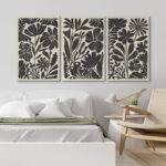 Abstract Botanical " Mid-Century Modern Boho Floral Artwork Above Sofa, Bold Black And White Living Room Pictures, 3 Pieces Giclée Canvas Digital Print Framed Wall Art " - Image 5