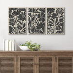 Abstract Botanical " Mid-Century Modern Boho Floral Artwork Above Sofa, Bold Black And White Living Room Pictures, 3 Pieces Giclée Canvas Digital Print Framed Wall Art " - Image 6
