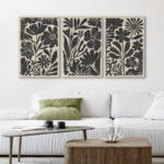 Abstract Botanical " Mid-Century Modern Boho Floral Artwork Above Sofa, Bold Black And White Living Room Pictures, 3 Pieces Giclée Canvas Digital Print Framed Wall Art " - Image 7