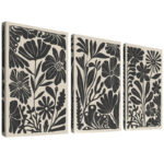 Abstract Botanical " Mid-Century Modern Boho Floral Artwork Above Sofa, Bold Black And White Living Room Pictures, 3 Pieces Giclée Canvas Digital Print Framed Wall Art "
