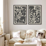 Abstract Botanical " Unique Black And White Floral Modern Boho Framed Canvas Print 2 Pieces Wall Art - Image 5