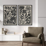 Abstract Botanical " Unique Black And White Floral Modern Boho Framed Canvas Print 2 Pieces Wall Art - Image 2