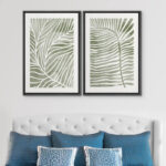 Abstract Botanical Sage Green Tropical Abstract Palm Tree Leaves Modern Art Simple Framed Canvas 2 Piece Print Wall Art