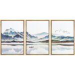 Abstract Landscape Boat In Lake Mountain Nature Landscape Modern Pictures Framed Canvas 3 Piece Painting Print Wall Art - Image 4