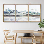 Abstract Landscape Boat In Lake Mountain Nature Landscape Modern Pictures Framed Canvas 3 Piece Painting Print Wall Art