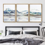 Abstract Landscape Boat In Lake Mountain Nature Landscape Modern Pictures Framed Canvas 3 Piece Painting Print Wall Art - Image 2
