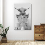 Animals Funny Bathroom Decor Black and White Highland Cow Sit On Toilet Large Framed Canvas Print Wall Art - Image 2