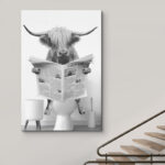 Animals Funny Bathroom Decor Black and White Highland Cow Sit On Toilet Large Framed Canvas Print Wall Art - Image 5