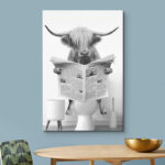 Animals Funny Bathroom Decor Black and White Highland Cow Sit On Toilet Large Framed Canvas Print Wall Art - Image 6