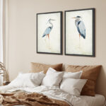 Blue Heron Bird Portrait Coastal Beach Decor - Framed Canvas Master Bedroom Wall Art Set 2 Print