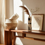 Boho 15'' Stoneware & Suar Wood Vase in Ivory with Black Geometric Pattern - Decorative Ceramic Accent for Home, Office, Bedroom, or Living Room Decor - Image 4