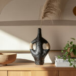 Boho Vase Pottery Terracotta with Woven Synthetic Wicker Accents 14" Black Decorative Accent for Home Office Bedroom Living Room