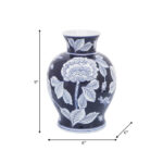 Chinoiserie Vase Stoneware Ceramic Floral Detailing 9" Blue and White for Home Office Bedroom Living Room Decor - Image 5