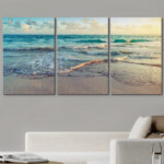 Coastal Beach Sunrise On Ocean Waves Crashing Bright Photo Framed Canvas 3 Pieces Print Wall Art