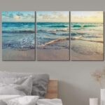 Coastal Beach Sunrise On Ocean Waves Crashing Bright Photo Framed Canvas 3 Pieces Print Wall Art - Image 2