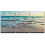 Coastal Beach Sunrise On Ocean Waves Crashing Bright Photo Framed Canvas 3 Pieces Print Wall Art - Image 4