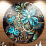 Colorful Fractal Flowers with Blue Shade Round Art Print on Metal