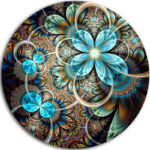 Colorful Fractal Flowers with Blue Shade Round Art Print on Metal - Image 3