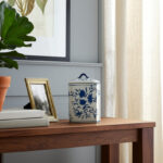 Decorative Jar Stoneware Ceramic Floral Chinoiserie Pattern 8" Tall Blue and White Finish Home Office Decor