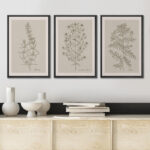 Duotone Vintage Flowers Neutral Floral Botanical Minimalist Framed Canvas 3 Pieces Print Wall Art - Image 4