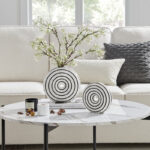 Etta Two Piece Glossy Ceramic White Striped Round Hollow Circle Donut Vase Set - Image 4