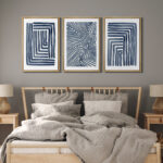 Geometric Line Navy Blue Stripe Abstract Boho Mid-Century Modern Frame Canvas 3 Piece Print Wall Art - Image 4