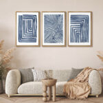 Geometric Line Navy Blue Stripe Abstract Boho Mid-Century Modern Frame Canvas 3 Piece Print Wall Art - Image 5