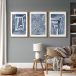 Geometric Line Navy Blue Stripe Abstract Boho Mid-Century Modern Frame Canvas 3 Piece Print Wall Art - Image 6