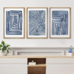 Geometric Line Navy Blue Stripe Abstract Boho Mid-Century Modern Frame Canvas 3 Piece Print Wall Art