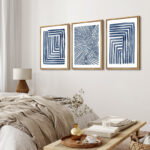 Geometric Line Navy Blue Stripe Abstract Boho Mid-Century Modern Frame Canvas 3 Piece Print Wall Art - Image 2