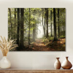 Green Fall Forest with Sun Rays - Forest Photograph Print