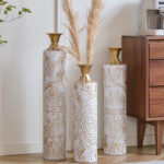 Handmade Ornate Metal Floor Vase, Gold Relief Medallion, Large Tall Flower Vase(Set Of 3)