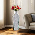 Heavy Duty Tall Crushed Diamond Mirrored Floor Vase Crystal Silver Glass Flower Vase