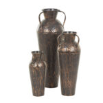 Jazzmun Metal Tall Floor Weathered Amphora Decorative Copper Vase with Hammered Details and Handles Set (Set of 3)