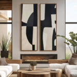 Large Framed Canvas Wall Art Set of 2 - Abstract Mid Century Modern Black And Beige Prints - 60"x20"x2pcs - Image 2