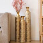 Medhansh 3 Piece Handmade Gold Vase, Tall Metal Floor Vase with Embossed Gold Ivy, Large Flower Vase