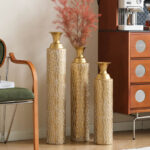 Medhansh 3 Piece Handmade Gold Vase, Tall Metal Floor Vase with Embossed Gold Ivy, Large Flower Vase - Image 3