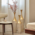 Medhansh Metal Floor Vase (Set Of 3), Tall Large Flower Vase With Tapered Opening & Lattice Weave Texture, Antique Gold Finish - Image 2