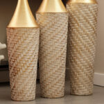 Medhansh Metal Floor Vase (Set Of 3), Tall Large Flower Vase With Tapered Opening & Lattice Weave Texture, Antique Gold Finish - Image 8
