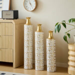 Medhansh Metal Floor Vase, Tall Decorative Vase with Gold Twig Pattern, Antique White Finish (Set of 3) - Image 2