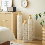 Medhansh Metal Floor Vase, Tall Decorative Vase with Gold Twig Pattern, Antique White Finish (Set of 3)