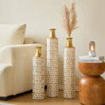Medhansh Metal Floor Vase, Tall Decorative Vase with Gold Twig Pattern, Antique White Finish (Set of 3) - Image 4