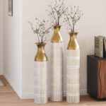 Medhansh White and Gold Floor Vase, Large Metal Floor Vase with Embossed Stripe Pattern, Antique White Finish (Set of 3)