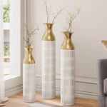 Medhansh White and Gold Floor Vase, Large Metal Floor Vase with Embossed Stripe Pattern, Antique White Finish (Set of 3) - Image 5