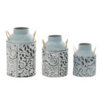Metal Embossed Floral Decorative Blue Vase with Gold Handles Set - Image 3